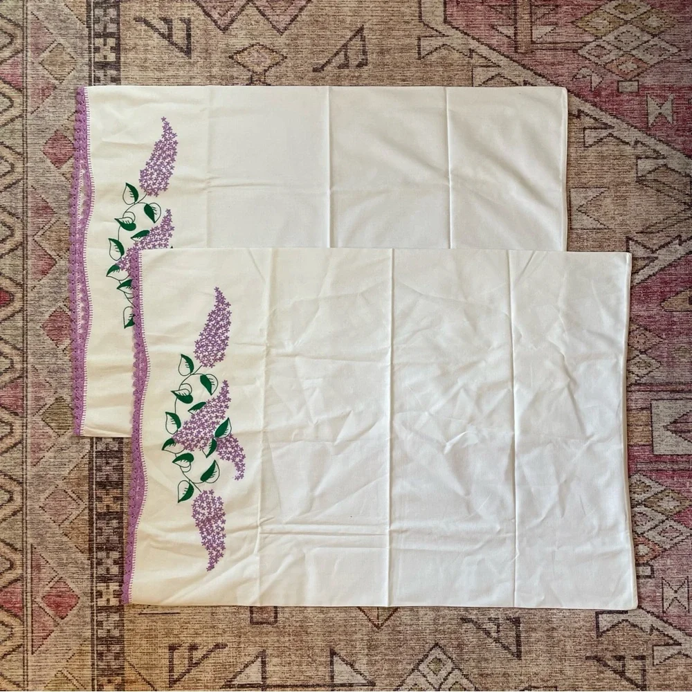 Hand Embroidered Cottagecore Floral Lace Trim Pillowcase Set